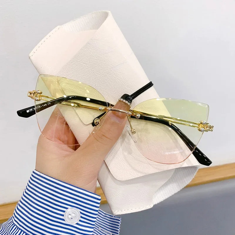KLASSNUM Vintage Rimless Sunglasses Women Men Cat Eye Gradient Lens Sun Glasses UV400 Shades Protection Goggles for Party Xmas