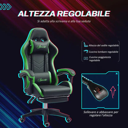 Gaming Chair with Adjustable Height and Reclining Backrest, 65X65X121-129 Cm, Black and Green