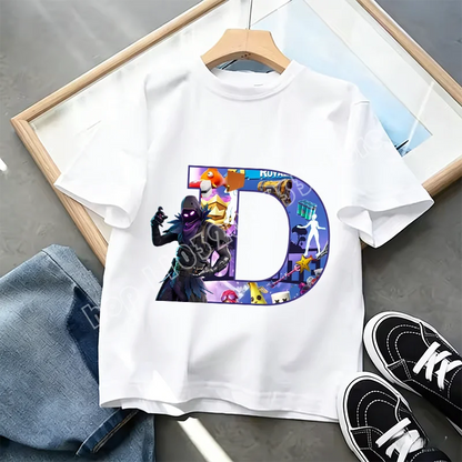 Тениска Fortnite A-Z Alphabet Print за деца, лятна бяла дреха, популярна тениска с анимационна игра, модерен ежедневен топ с къс ръкав, подарък