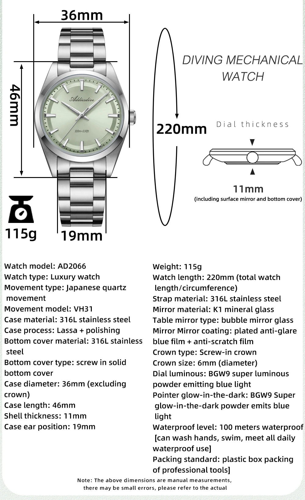 ADDIESDIVE AD2066 Men's Luxury Watch VH31 10Bar Waterproof BGW9 Super Luminous 316L Stainless Steel Reloj Hombre Quartz Watches