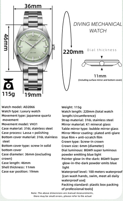 ADDIESDIVE AD2066 Men's Luxury Watch VH31 10Bar Waterproof BGW9 Super Luminous 316L Stainless Steel Reloj Hombre Quartz Watches