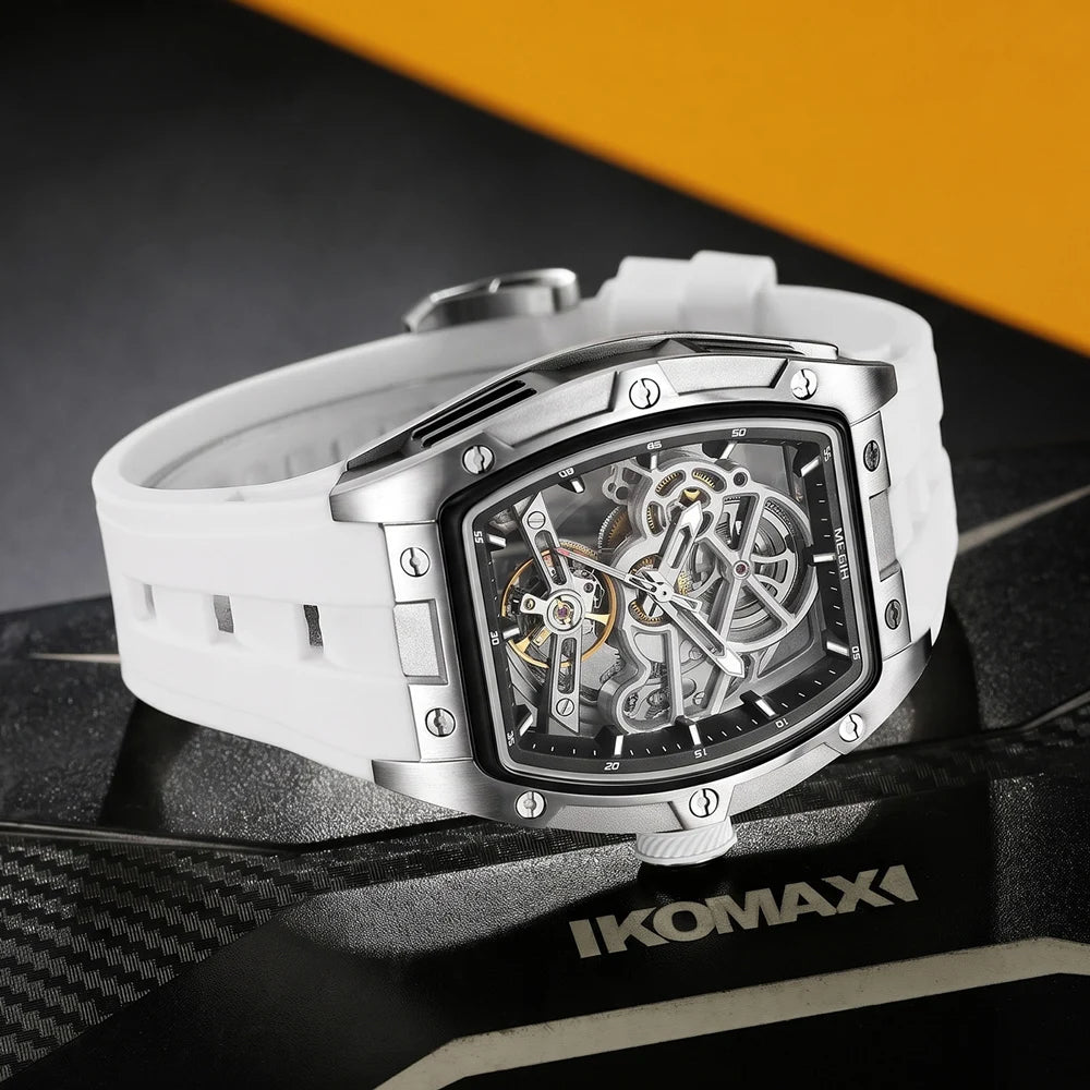 Reloj mecánico para hombre MEGIR, forma de barril, esfera esqueletizada calada, estilo deportivo, correa de silicona, reloj automático de lujo