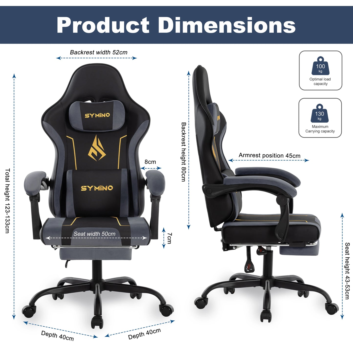 SYMINO Latex Cushion Ergonomic Gaming Chair – Racing Style, Adjustable with Footrest, 130kg Capacity