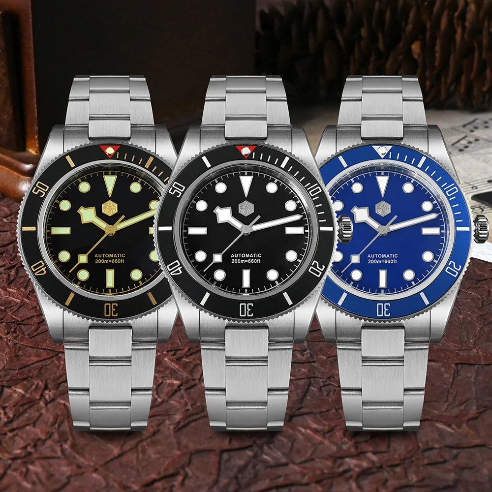 San Martin 40mm Retro Luxury Diver Watch NH35 Automatic Mechanical Watches for Men with Sapphire 200m Waterproof Luminous SN0008