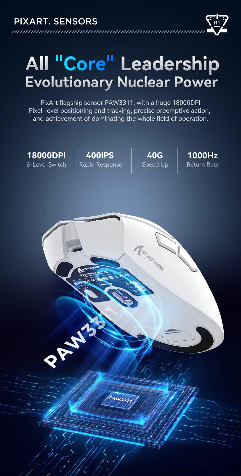 Attack Shark R1 Tri-Mode 2.4g-BT-Wired, PAW3311 18000DPI, 59g Lightweight Gaming Mouse
