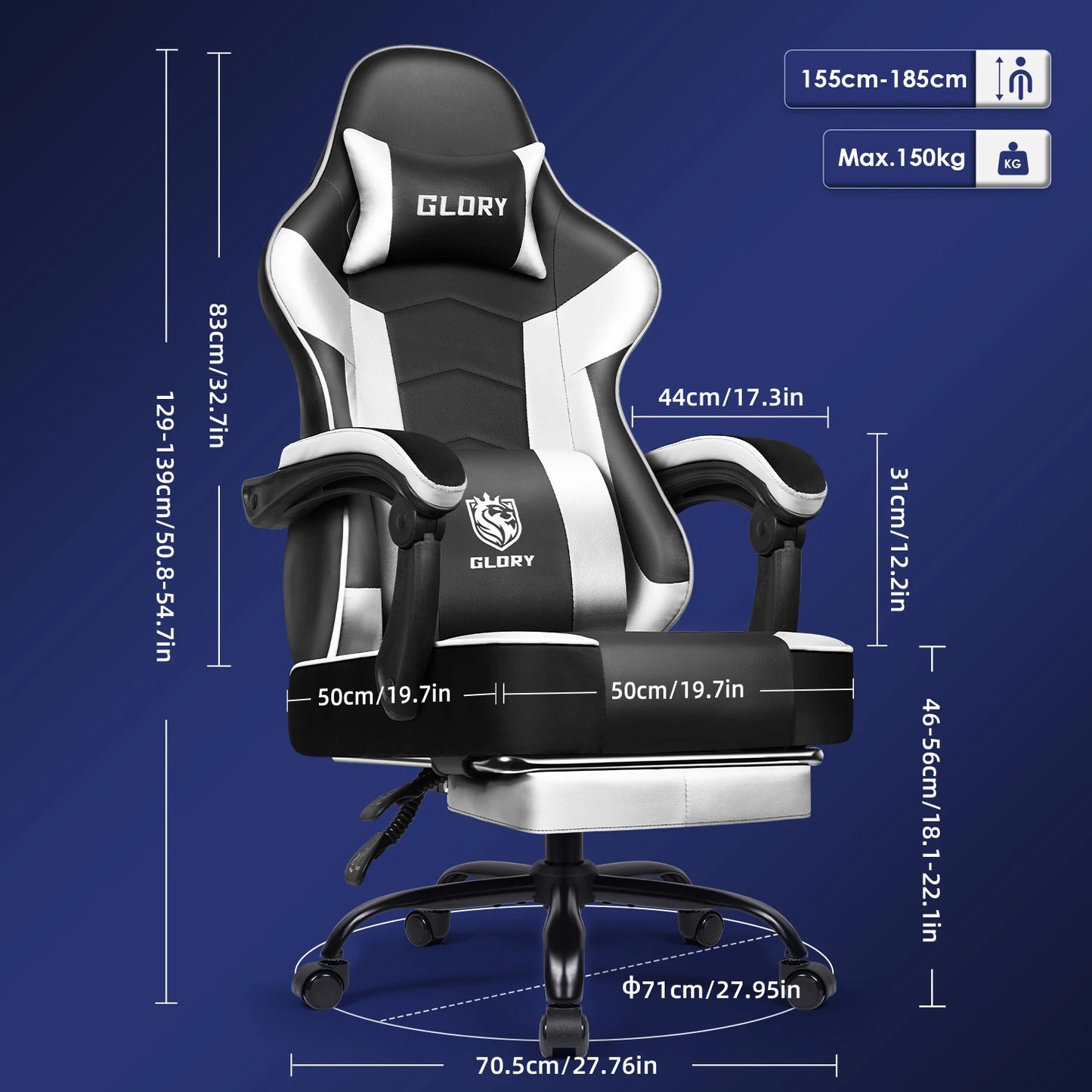 AUTHMIC Ergonomic Gaming Chair High Back Reclining Office Chair with Adjustable Lumbar Support, Headrest, Footrest & PC Gamer Seat