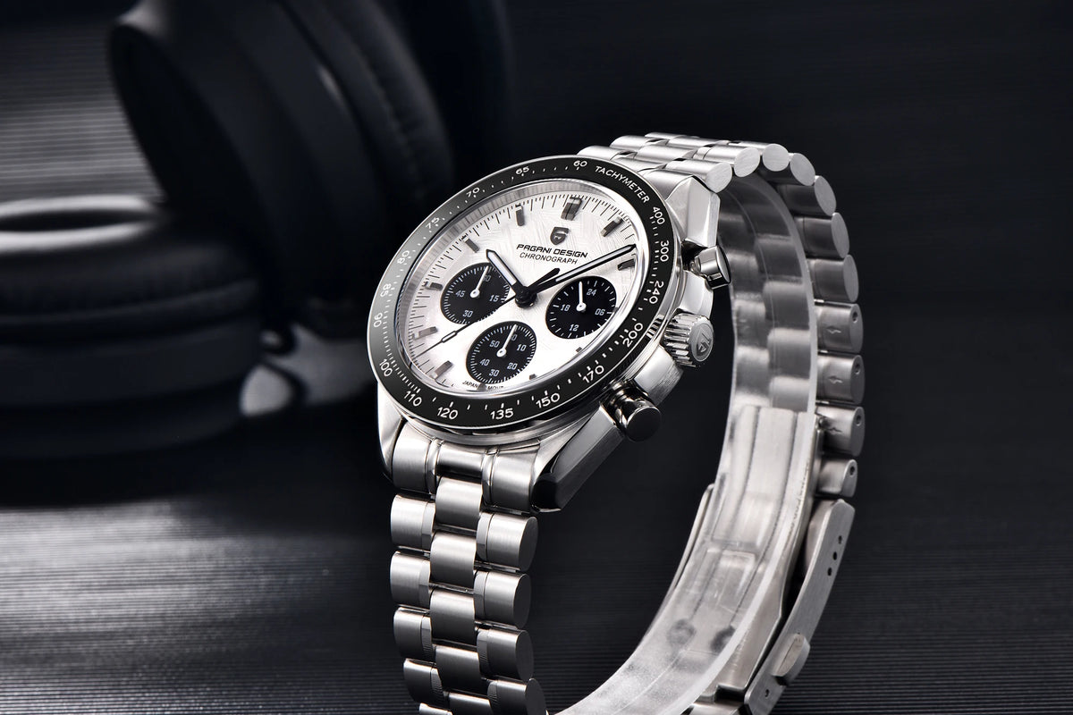 Vyriškas laikrodis „PAGANI DESIGN“ „New Moon“ – prabangus kvarcinis laikrodis su chronografu, safyro stiklu su antirefleksine danga, keraminiu rėmeliu ir šviečiančiomis rodyklėmis