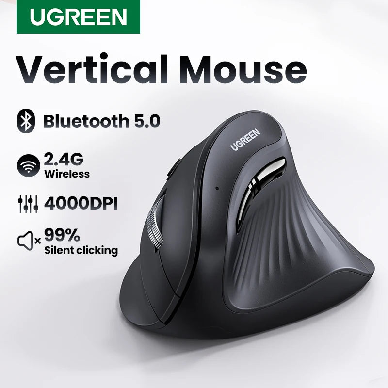 UGREEN Vertical Mouse Wireless Bluetooth 5.0 2.4G Ergonomic 4000DPI 6 Mute Buttons for MacBook Tablet Laptops Computer PC Mice