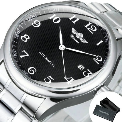 Klassiek herenhorloge – Retrostijl met datumweergave en blauwe wijzers, automatisch mechanisch uurwerk, prestigieus merk, stalen kast en leren band