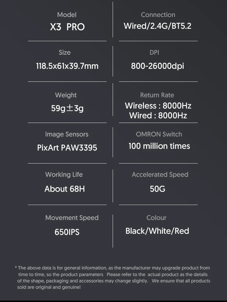 ATTACK SHARK X3/X3PRO 4K/8K Wireless Gaming Mouse, 26K DPI, Tri-Mode (Wired/2.4GHz/BT5.2), Lightweight, PAW3395 Sensor For Gamer