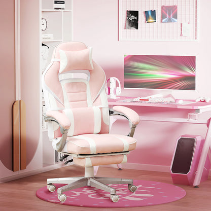Pink Gaming Chair with Footrest, Adjustable High Back Gaming Chair with Headrest & Lumbar Pillow, 360° Swivel Ergonomic Faux Leather Gaming Chair for Office & Gaming