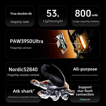 Ratón gaming inalámbrico Bluetooth ATK Dragonfly A9, diseño ergonómico, respuesta rápida, PAW3950 Ultra, 800mAh, ligero, 8KHz, esports