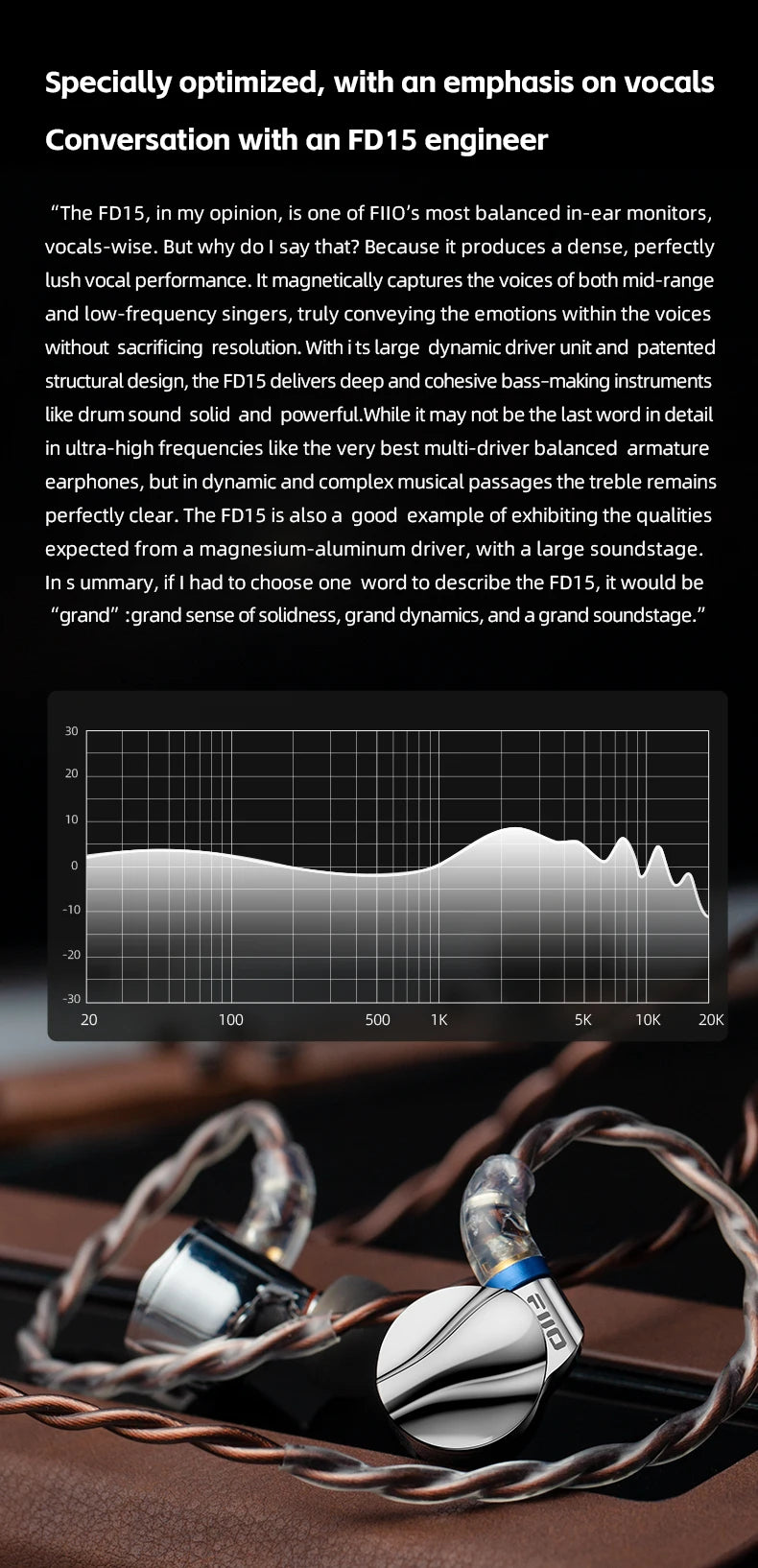 FiiO FD15 Hi-Res Dynamic Driver In-Ear Earphones, 13.8mm DLC Wired HiFi Earbuds with Magnalium Driver, MMCX Detachable Cable, Audiophile In-Ear Monitors