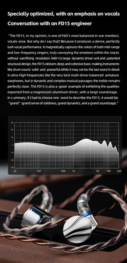 FiiO FD15 Hi-Res Dynamic Driver In-Ear Earphones, 13.8mm DLC Wired HiFi Earbuds with Magnalium Driver, MMCX Detachable Cable, Audiophile In-Ear Monitors