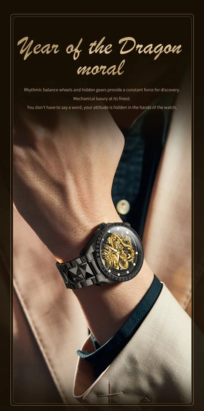 OUPINKE Herrenarmbanduhr, Top-Marke, Luxus, Gold, Wolframstahl, originale automatische mechanische Armbanduhr mit Zifferblatt im Drachenmuster