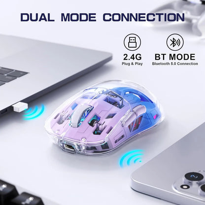 A2 Transparent Wireless Gaming Mouse, BT 5.0/2.4G PC Rechargeable RGB Mice with Digital Screen, PixArt 3212, 5 Adjustable DPI