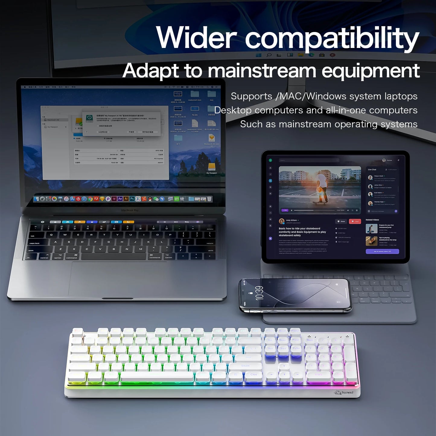 Freewolf M104 Tri-Mode Wireless Keyboard RGB 104 Keys Ultra Slim Quiet Membrane 4000mAh Large Battery for Office&Home