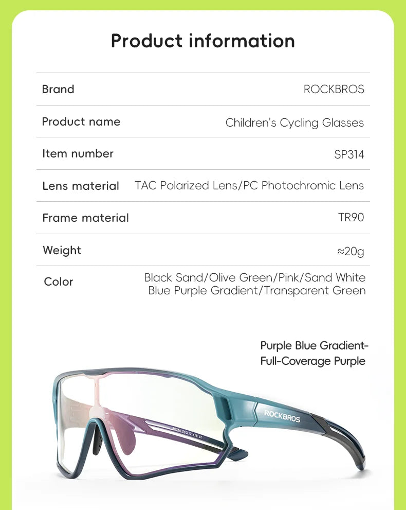 ROCKBROS Children's Cycling Glasses Polarized Photochromic Lens Children Bicycle Glasses Non-Slip Rubber Temple Arm Bike Glasses