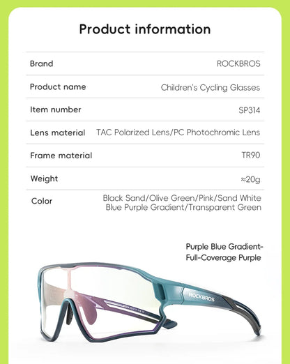 ROCKBROS Children's Cycling Glasses Polarized Photochromic Lens Children Bicycle Glasses Non-Slip Rubber Temple Arm Bike Glasses