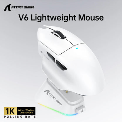 ATTACK SHARK V6  Wireless Gaming Superlight Mouse with RGB Magnetic Charging Dock,PAW3311 Sensor,Macro Gaming Mouse