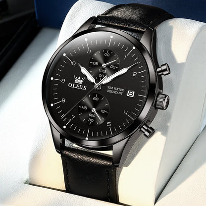 OLEVS 2880 Herrenuhr – Eleganter, schlichter Chronograph, Lederarmband, automatische Datumsanzeige, wasserdicht, leuchtende Zeiger, Quarzwerk.