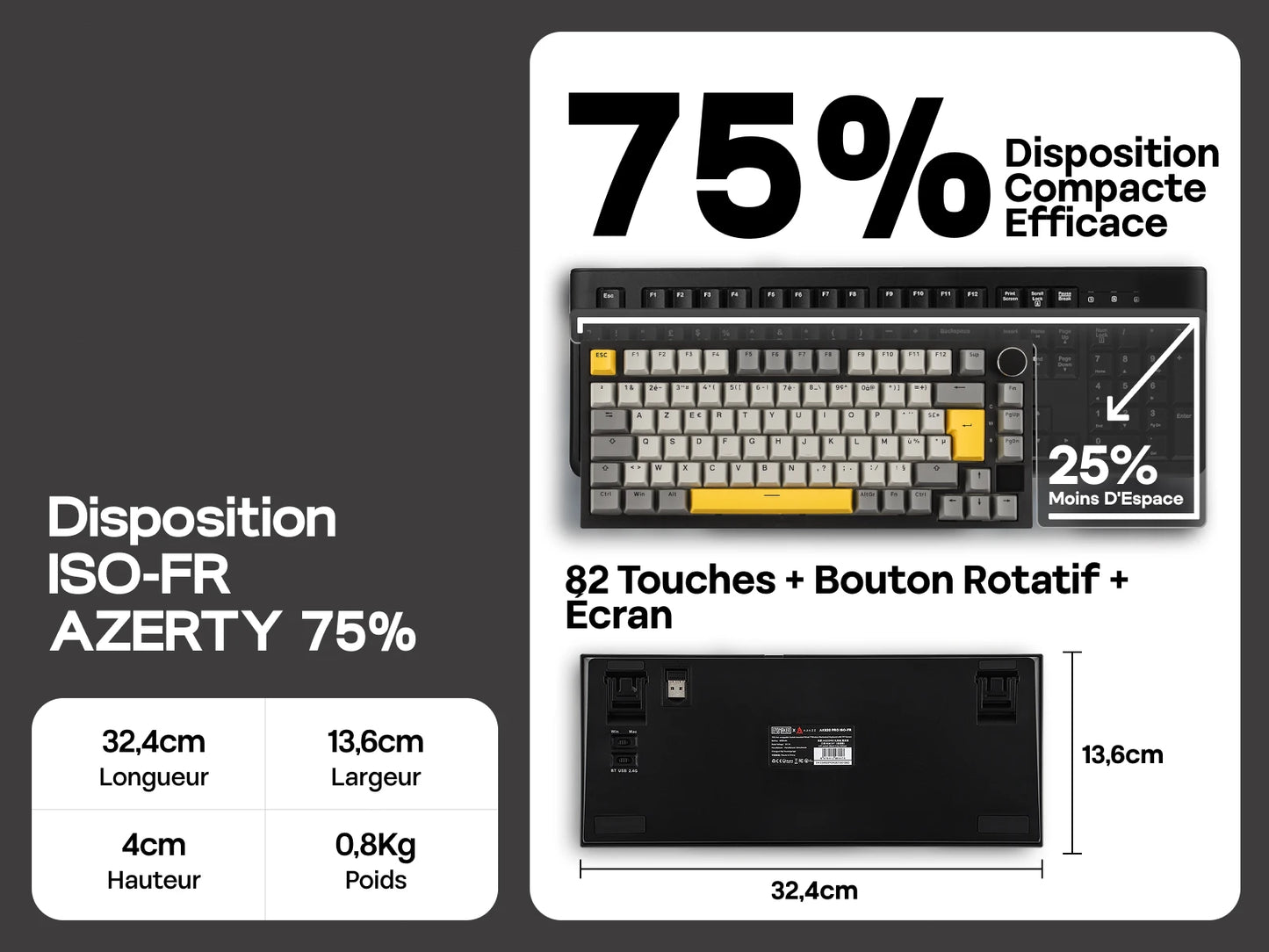 ISO-FR Layout EPOMAKER X AJAZZ AK820 PRO 75% AZERTY French Hot-Swap Wired/BT/2.4GHz Wireless Mechanical Keyboard for Win/Mac/PC