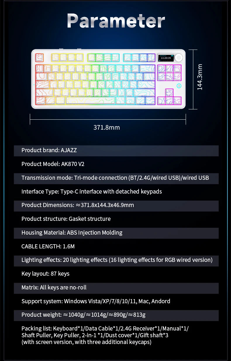 Ajazz AK870 V2 Gaming Mechanical Keyboard Is A Hot-Swaddable RGB Wired Gaming Keyboard Suitable For Various Scenarios On Laptops