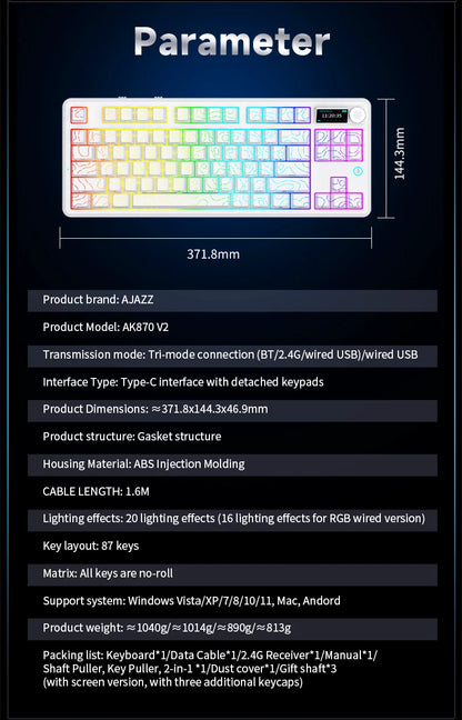 Ajazz AK870 V2 Gaming Mechanical Keyboard Is A Hot-Swaddable RGB Wired Gaming Keyboard Suitable For Various Scenarios On Laptops