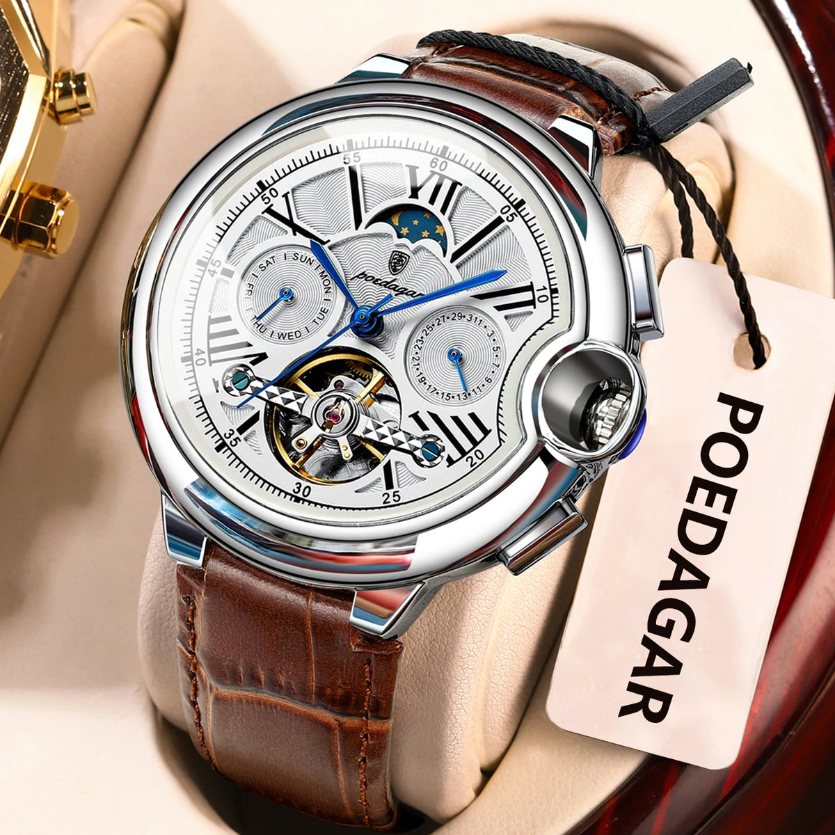 Montre pour homme POEDAGAR, style luxe et professionnel, avec affichage de la date et du jour, tourbillon, boîtier en acier inoxydable, mouvement mécanique automatique et étanchéité.