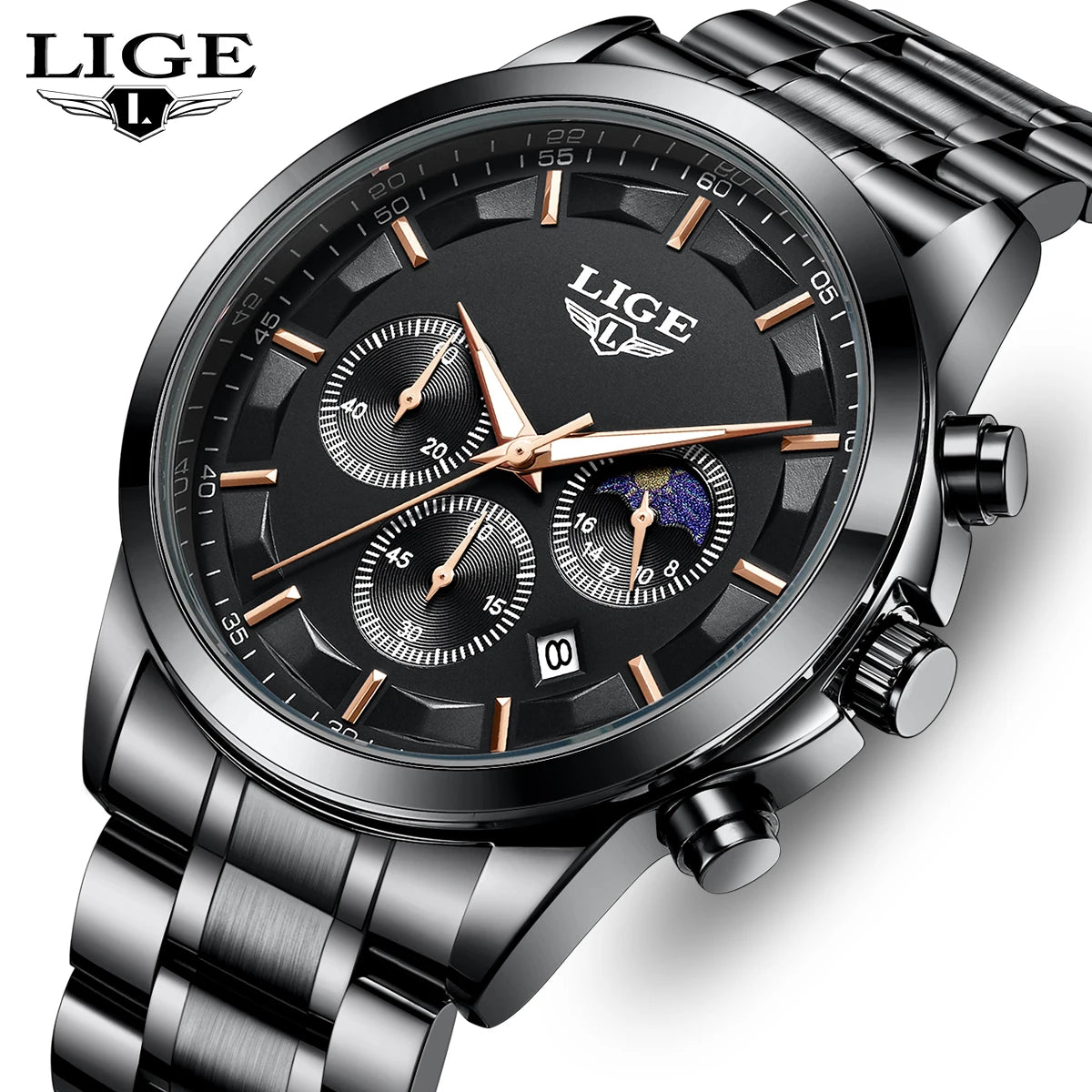 Orologio da uomo LIGE – Cronografo al quarzo di lusso, impermeabile (3 bar), con lancette luminescenti