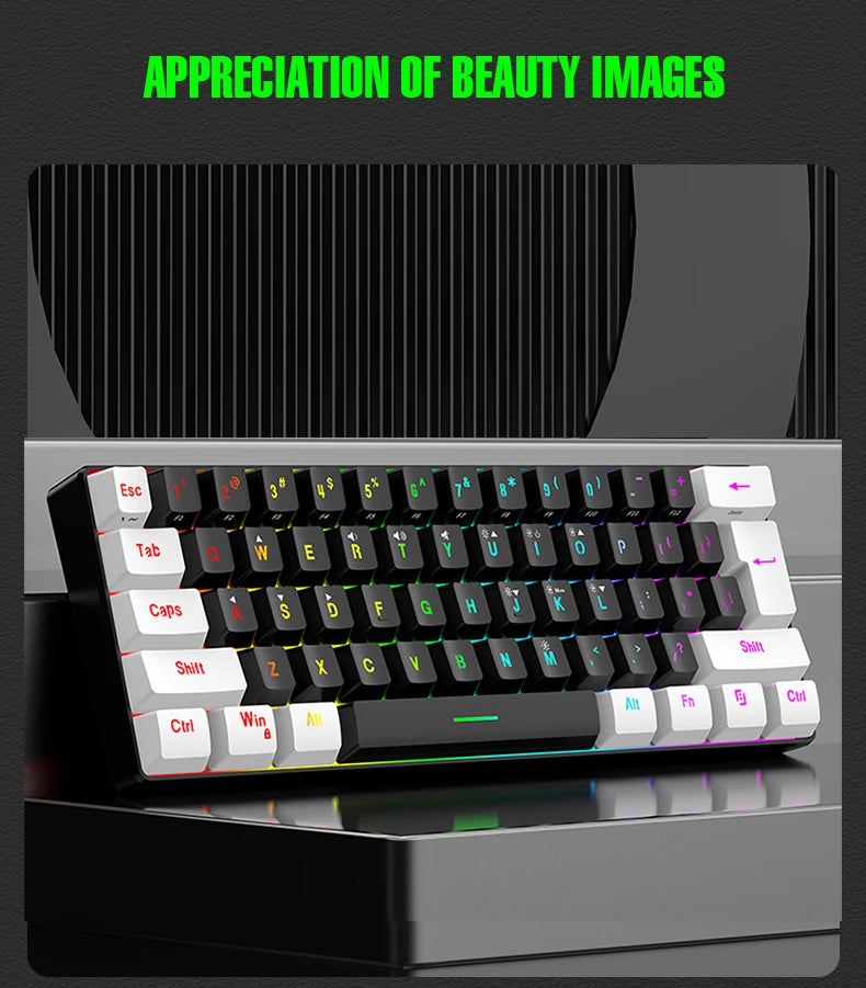 Tastiera meccanica cablata 61 tasti bianca, switch nero e blu, impermeabile, RGB illuminata, kit gaming e ufficio PUBG gamer retroilluminato