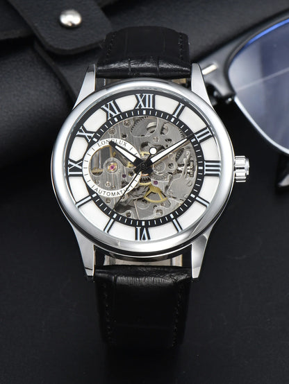 Automatikuhr für Herren, Luxusausführung, Zifferblatt mit römischen Ziffern, sichtbares Uhrwerk (Skelett), wasserdicht, leuchtende Zeiger, Lederarmband – Eine ideale Wahl als Geschenk.