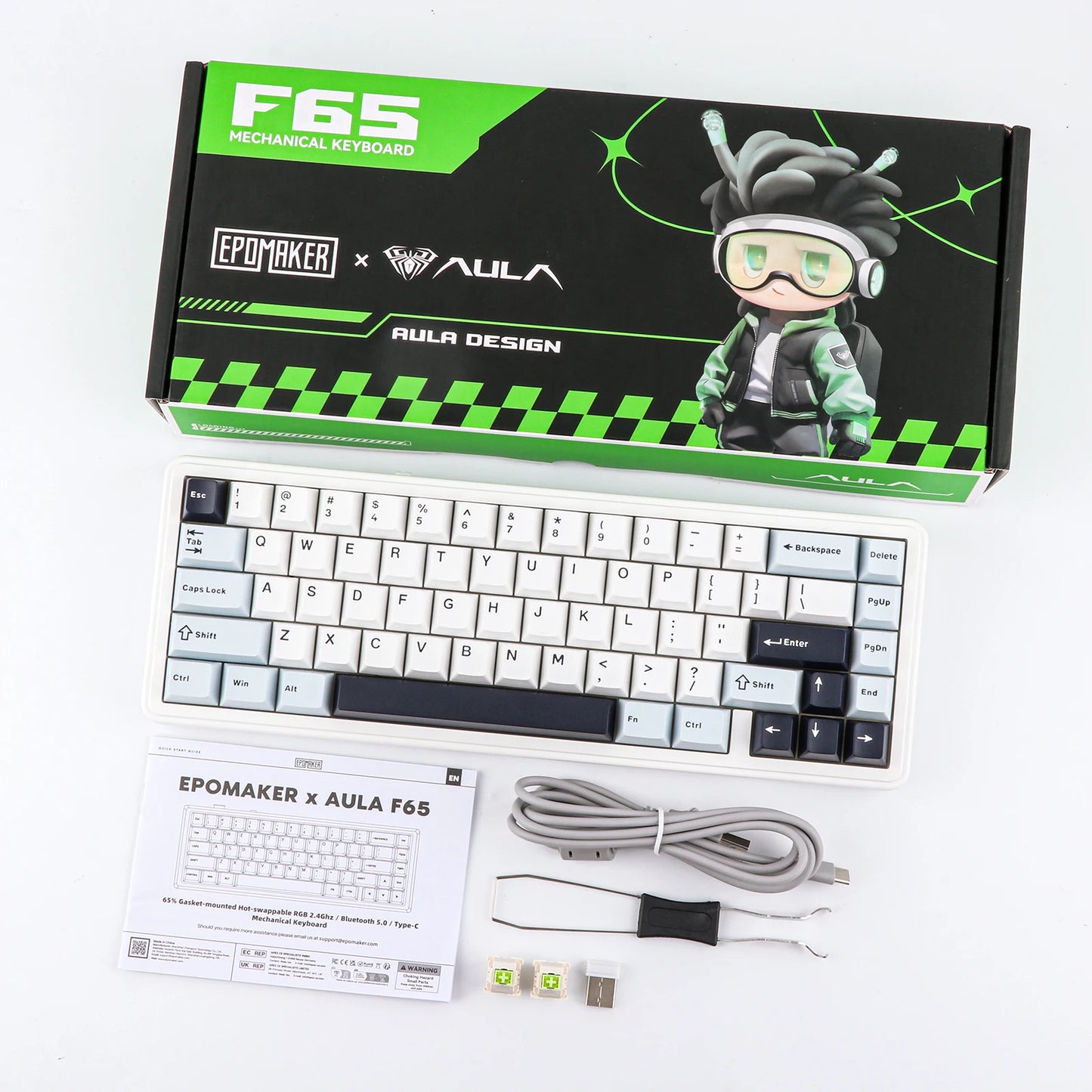 Teclado mecánico EPOMAKER x AULA F65 con distribución 65%, hot-swap, montaje gasket y conexión con cable/Bluetooth/inalámbrica 2.4G para Mac/Win