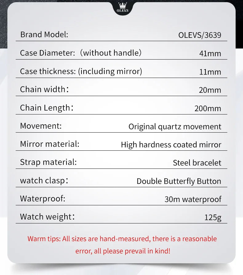 OLEVS 3639 Top Brand Original Luxury New Quartz Watch Stainless Steel Watch For Men Waterproof Luminous Moon Phase Mens Watch