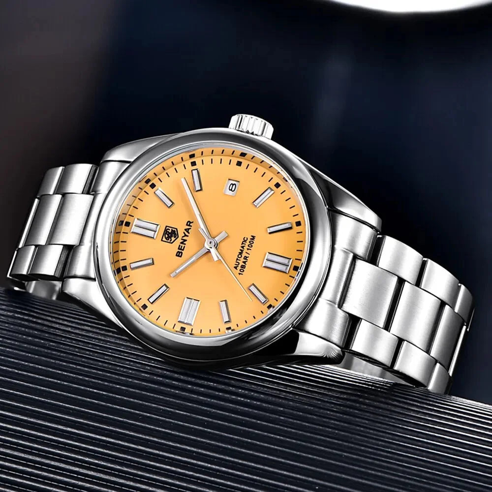 BENYAR 39mm Automatic Mechanical Watch Seagull Movt Men Stainless Steel 100M Waterproof Clock BWG-9 Luminous Reloj Hombre