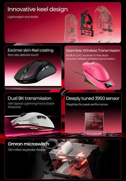 DAREU Kabellose Gaming-Maus 8khz Abtastrate AIM-750 (3950) 30000 DPI Tri-Mode-Gamer-Maus 60g mit Ladestation