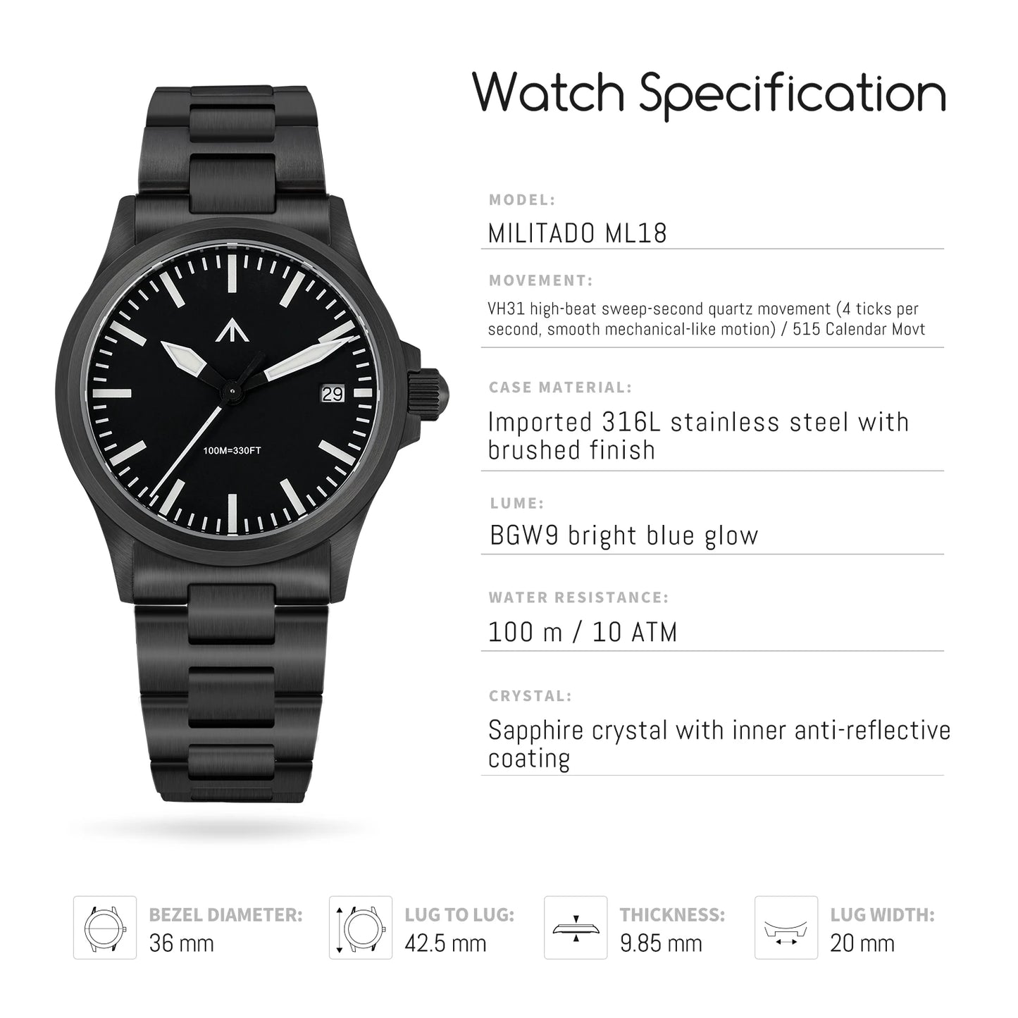 MILITADO ML18 Quartz PVD 316L Steel Sapphire VH31 Sweep Second Movement Sapphire BGW9 Lume 100M Waterproof Men Wristwatch