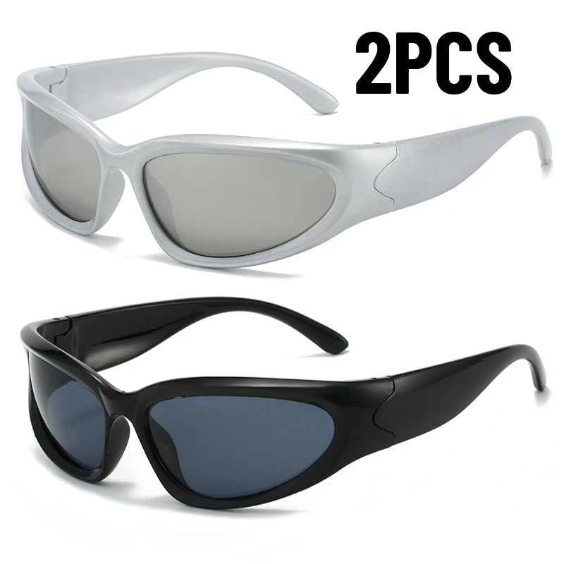 Y2K Wrap Around Sunglasses Fashion Rave Metallic Chrome Space Alien Glasses Futuristic Shades Sports for Women Men