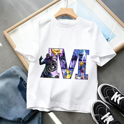 Тениска Fortnite A-Z Alphabet Print за деца, лятна бяла дреха, популярна тениска с анимационна игра, модерен ежедневен топ с къс ръкав, подарък