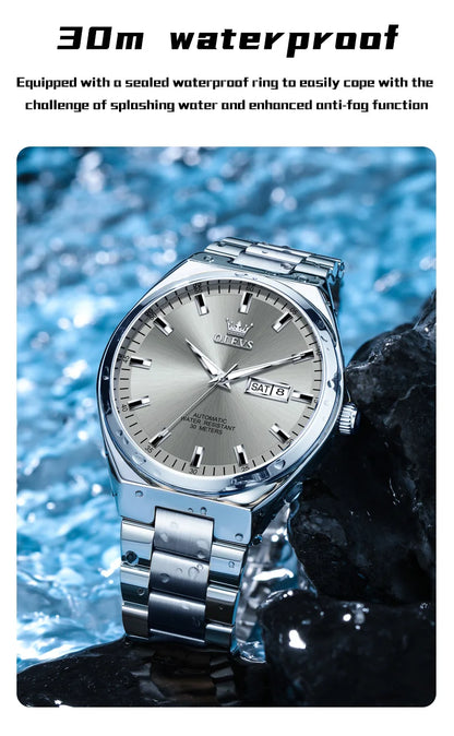 OLEVS Wristwatches Silver Gray Dial Automatic Mechanic Wrist Watch for Men Casual Sports Clock with Luminous relogios masculino