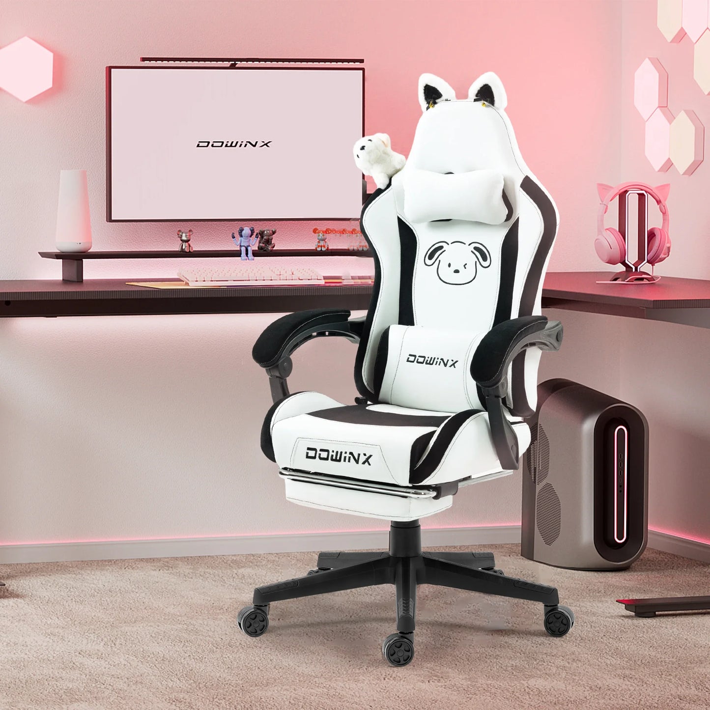 Cuki gamer szék macskafülekkel, lábtartóval, rózsaszín kawaii számítógépes szék, ergonomikus, magas háttámlás gamer ülés macskamancsos deréktámasszal