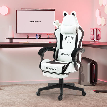 Cuki gamer szék macskafülekkel, lábtartóval, rózsaszín kawaii számítógépes szék, ergonomikus, magas háttámlás gamer ülés macskamancsos deréktámasszal