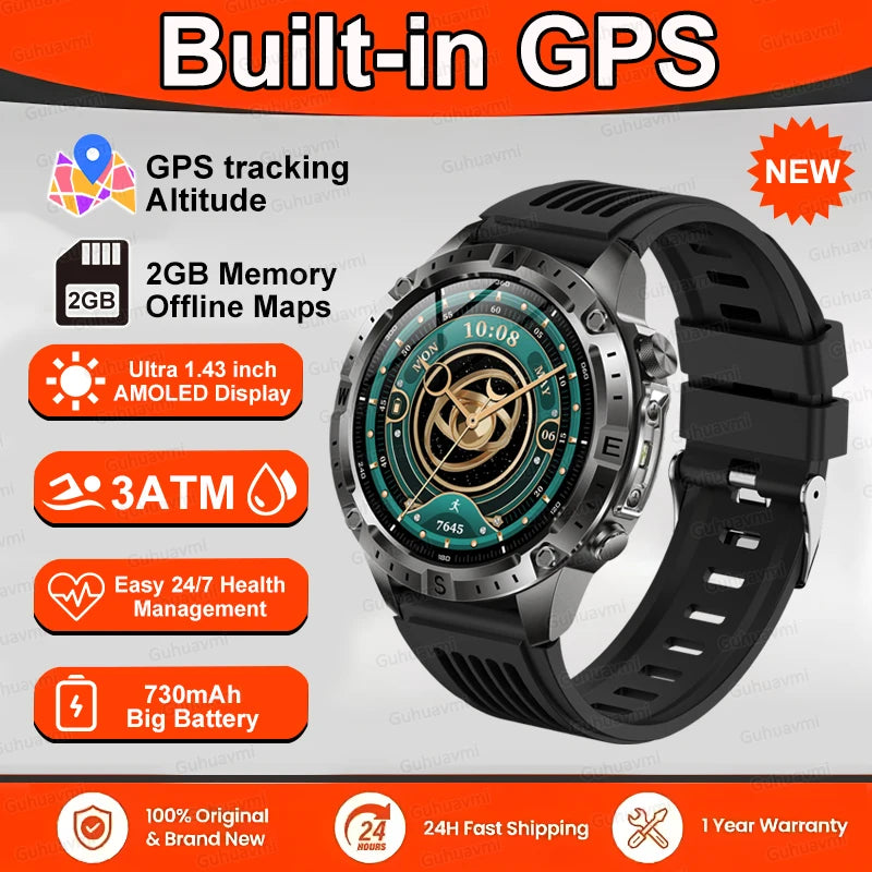 Smart Watch Men GPS Track High End watch Swim Waterproof Watches six axis sensor Sports 2GB Memory GPS Map Compass Smartwatch