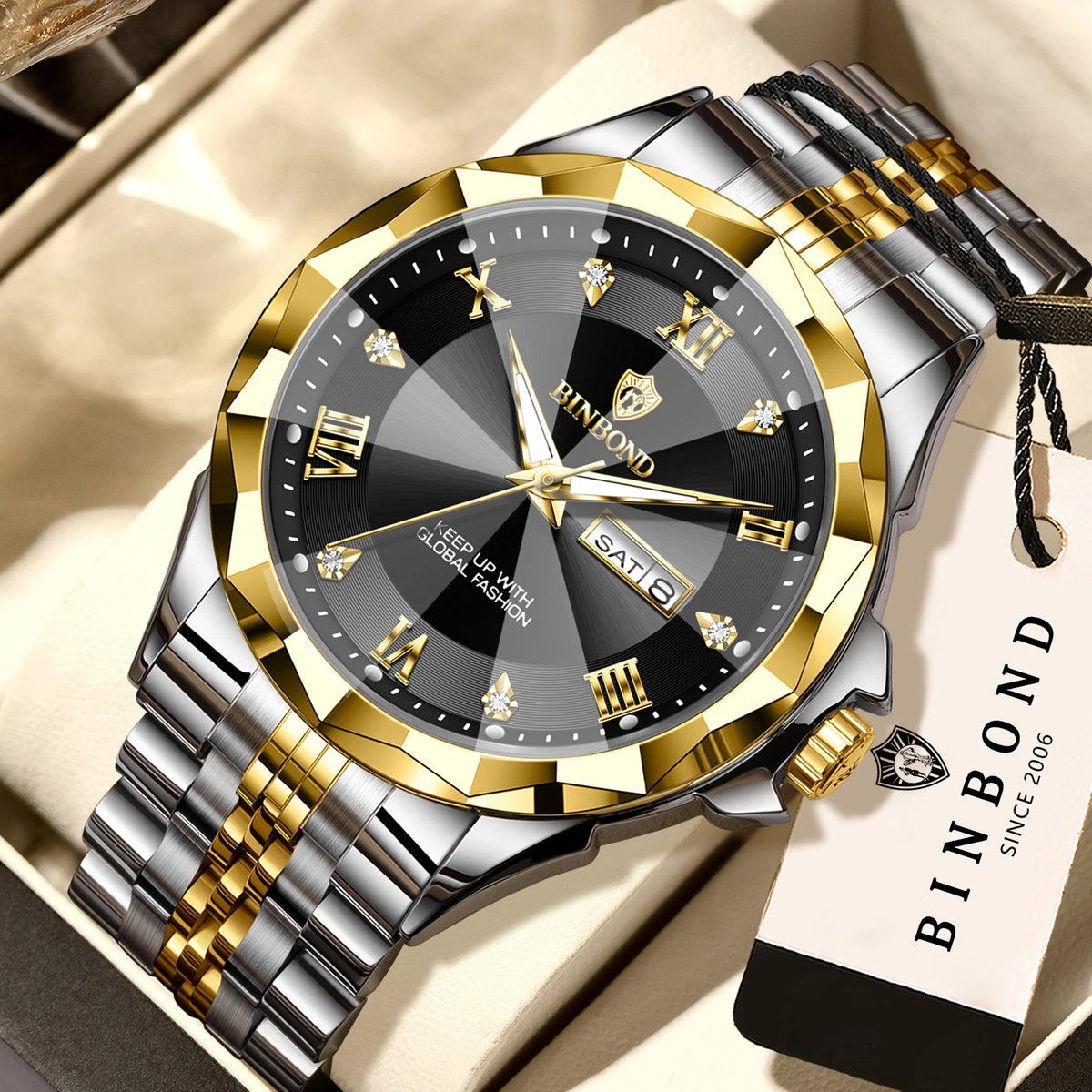 BINBOND Quarz-Herrenuhr – Luxuriöse, leuchtende und wasserdichte Armbanduhr mit automatischer Wochentags- und Datumsanzeige.