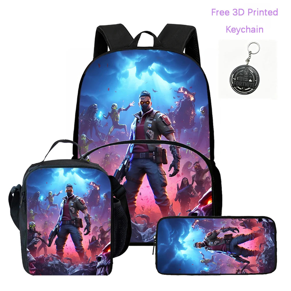 3-teiliges FORTNITE Cartoon-Schulset mit leichtem Rucksack, Fronttasche, Lunchbox und Federmäppchen für Kinder von 5-9 Jahren + kostenloser 3D-gedruckter Schlüsselanhänger
