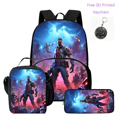 3-teiliges FORTNITE Cartoon-Schulset mit leichtem Rucksack, Fronttasche, Lunchbox und Federmäppchen für Kinder von 5-9 Jahren + kostenloser 3D-gedruckter Schlüsselanhänger