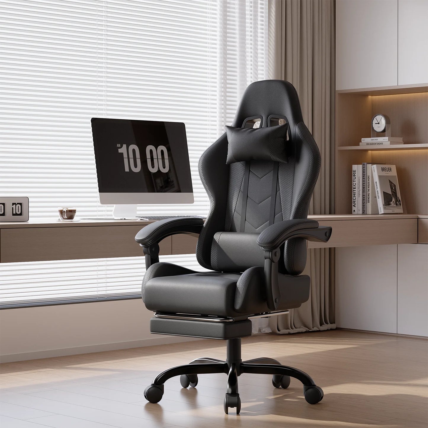 HOMALL Ergonomic Gaming Chair with Lumbar Massage, Adjustable Footrest, Faux Leather Office Chair, 135° Reclining Swivel Desk Chair