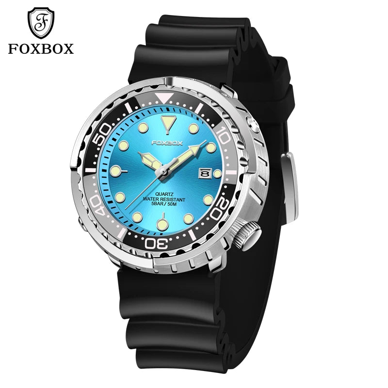 FOXBOX  Top Brand Fashion Diver Watch Men 50ATM Waterproof Date Clock Sport Watches Mens Quartz Wristwatch Relogio Masculino