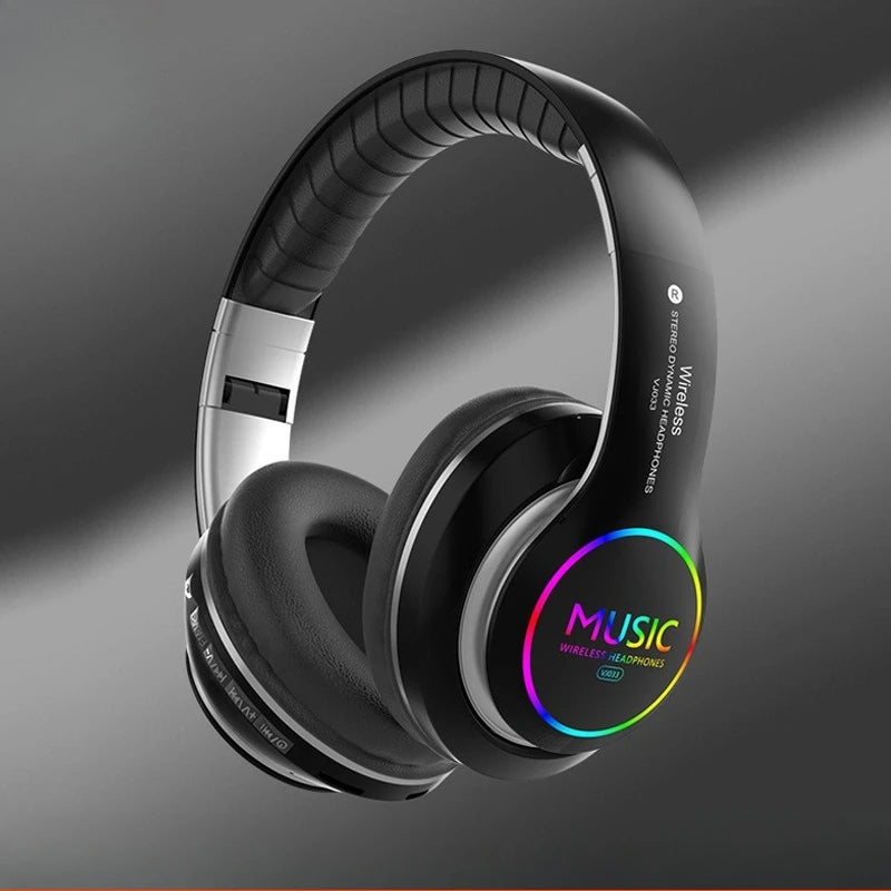 Casque audio RGB Bluetooth 5.0 sans fil, stéréo, circum-auriculaire, avec radio FM, carte TF, AUX, design pliable, 10H d'autonomie