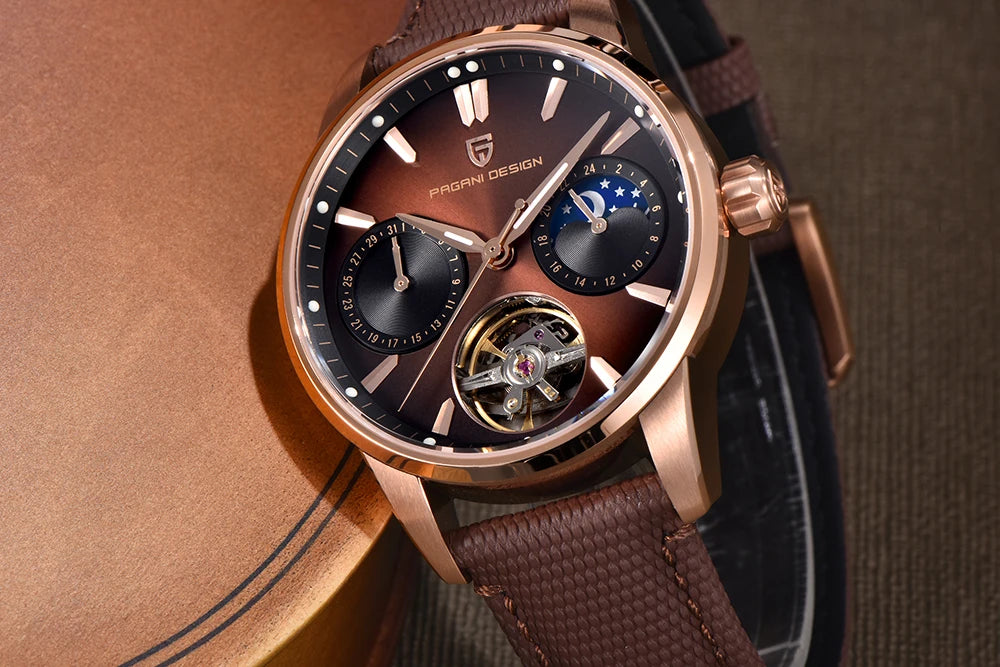 PAGANI DESIGN – Mechanische Luxusuhr für Herren, 41 mm, Saphirglas, Lederarmband, wasserdicht, Pilotenstil, mit Tourbillon und Mondphase